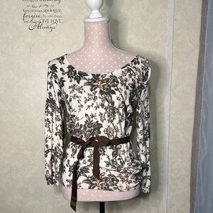 Anne Klein Cream and Brown Floral Blouse